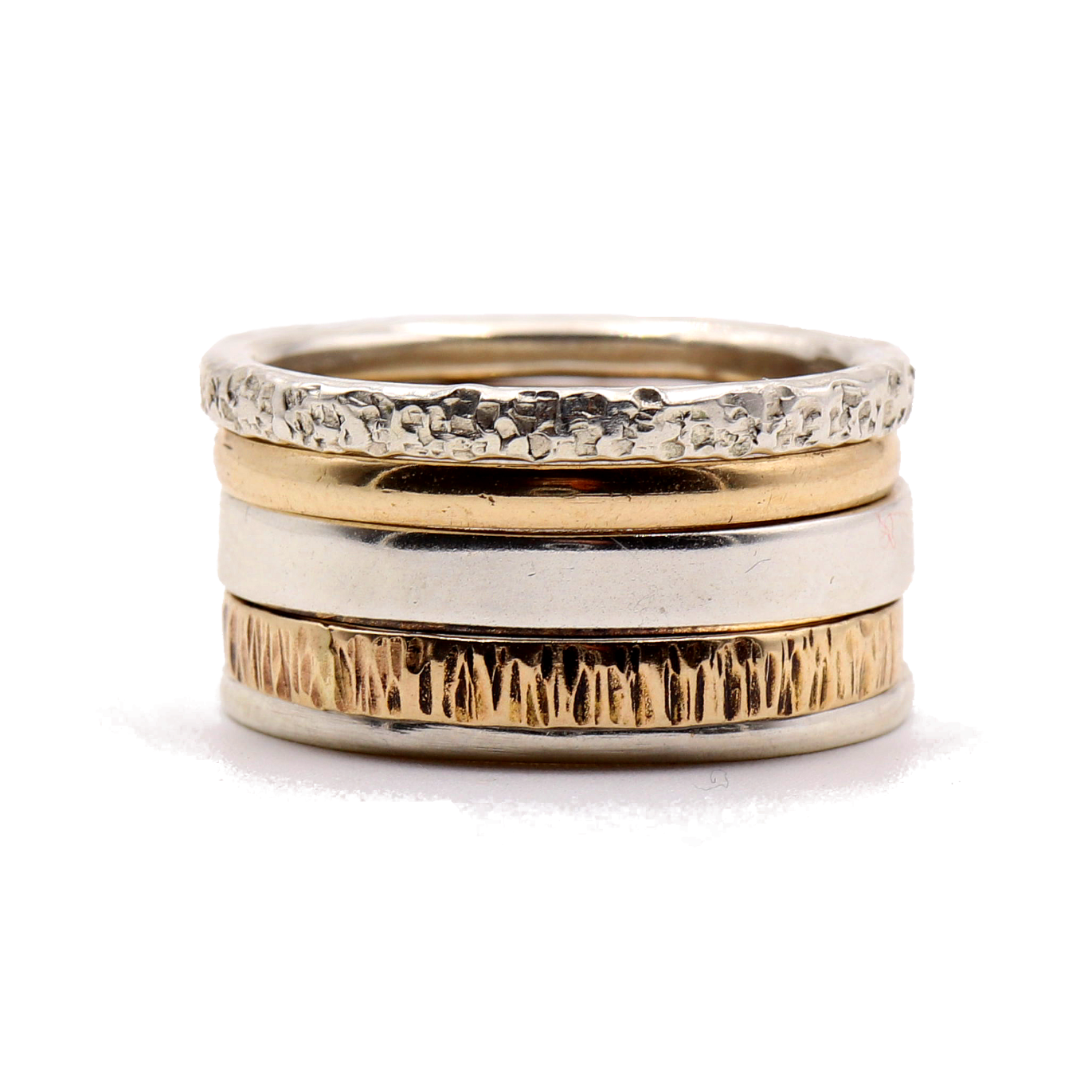 Textured 14k Gold and Sterling Silver Stacked Ring Set